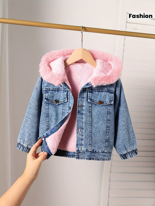 Girls Long-Sleeve Hooded Fleece-Lined Denim Jacket
