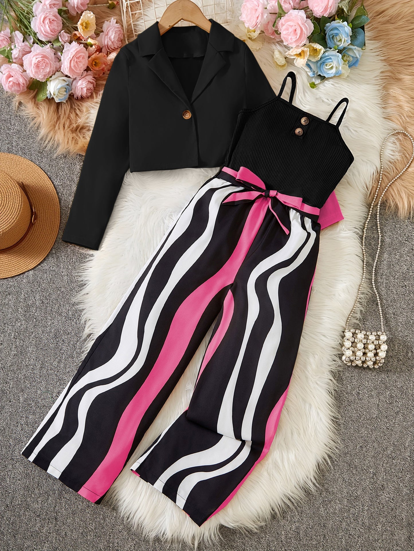 Striped Jumpsuit Set with Belt