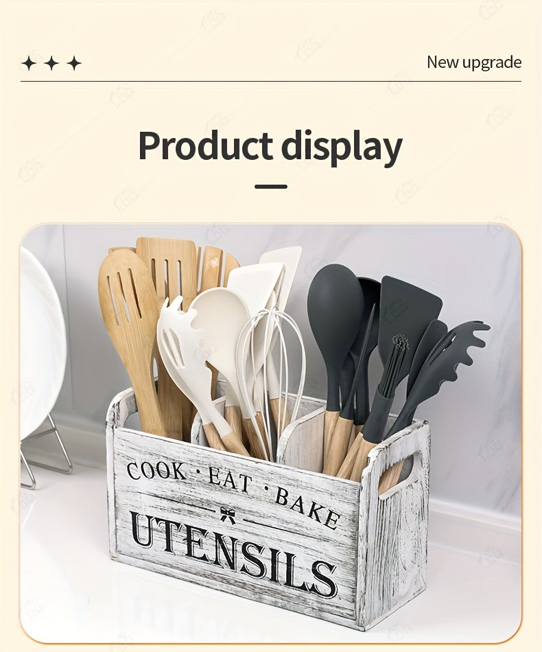 3-Compartment LDQ Rustic Wooden Kitchen Utensil Holder