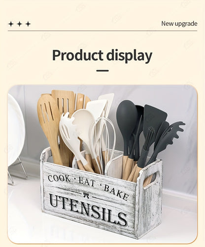 3-Compartment LDQ Rustic Wooden Kitchen Utensil Holder