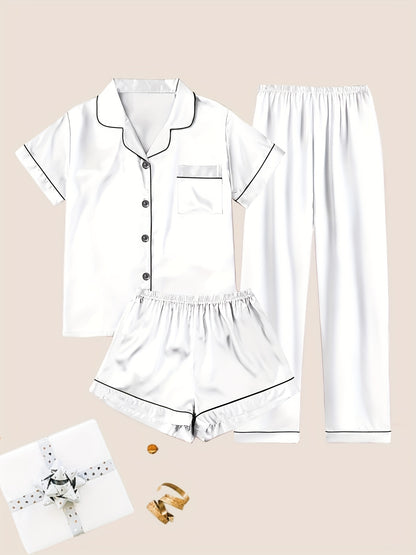 Women's Solid Satin Casual Pajama Set, Short Sleeve