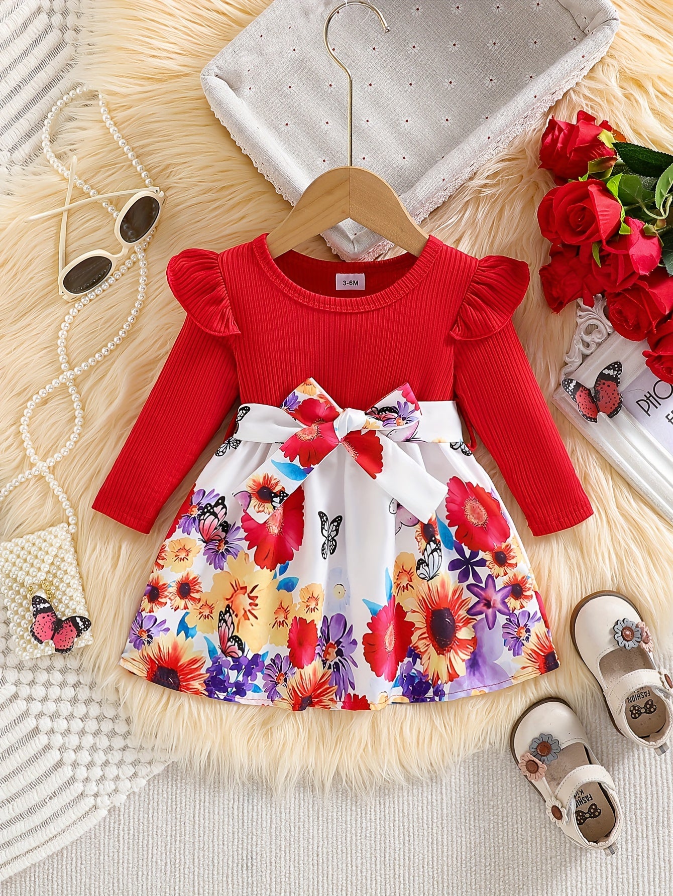 Baby comfortable dress+belt two-piece set