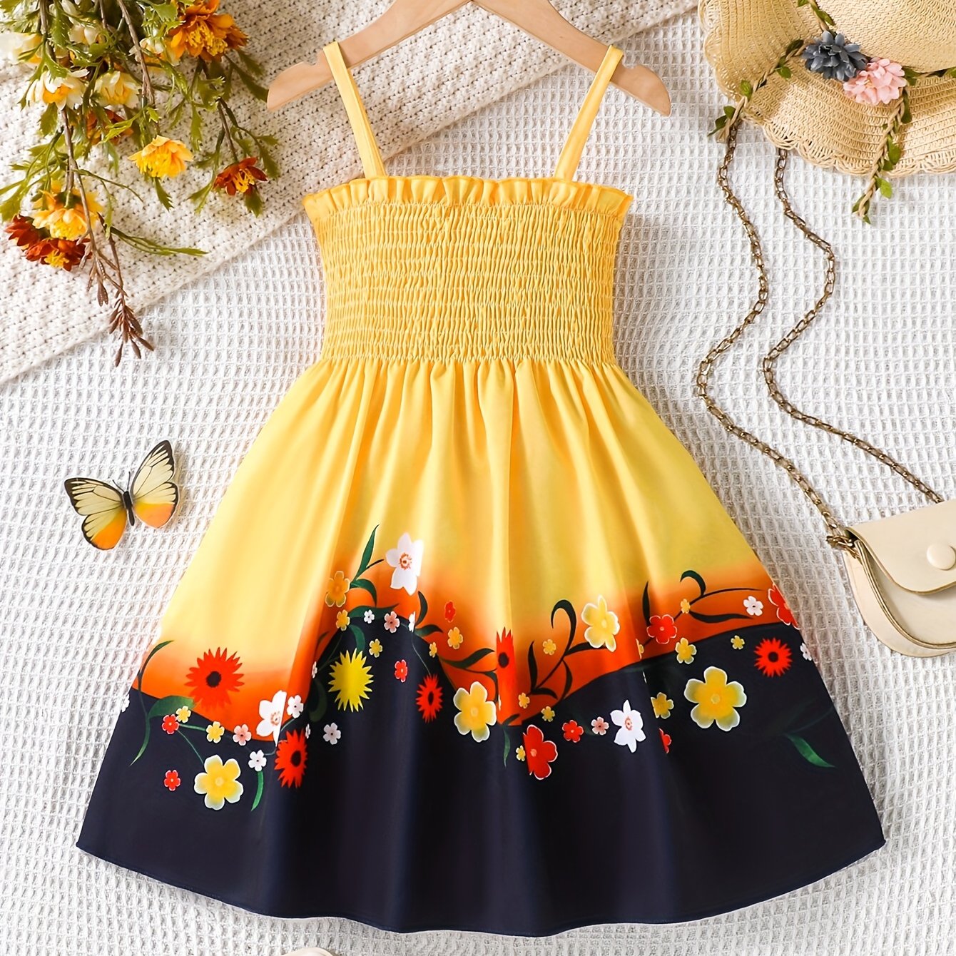 Girls' Floral Pattern Ruffled Spaghetti Suspender Dress