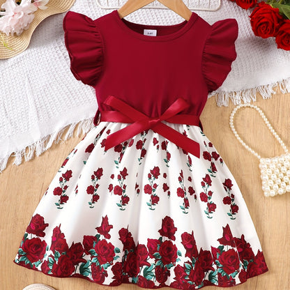 Burgundy Rose Print Flutter Sleeve Summer Girls' Casual Dress