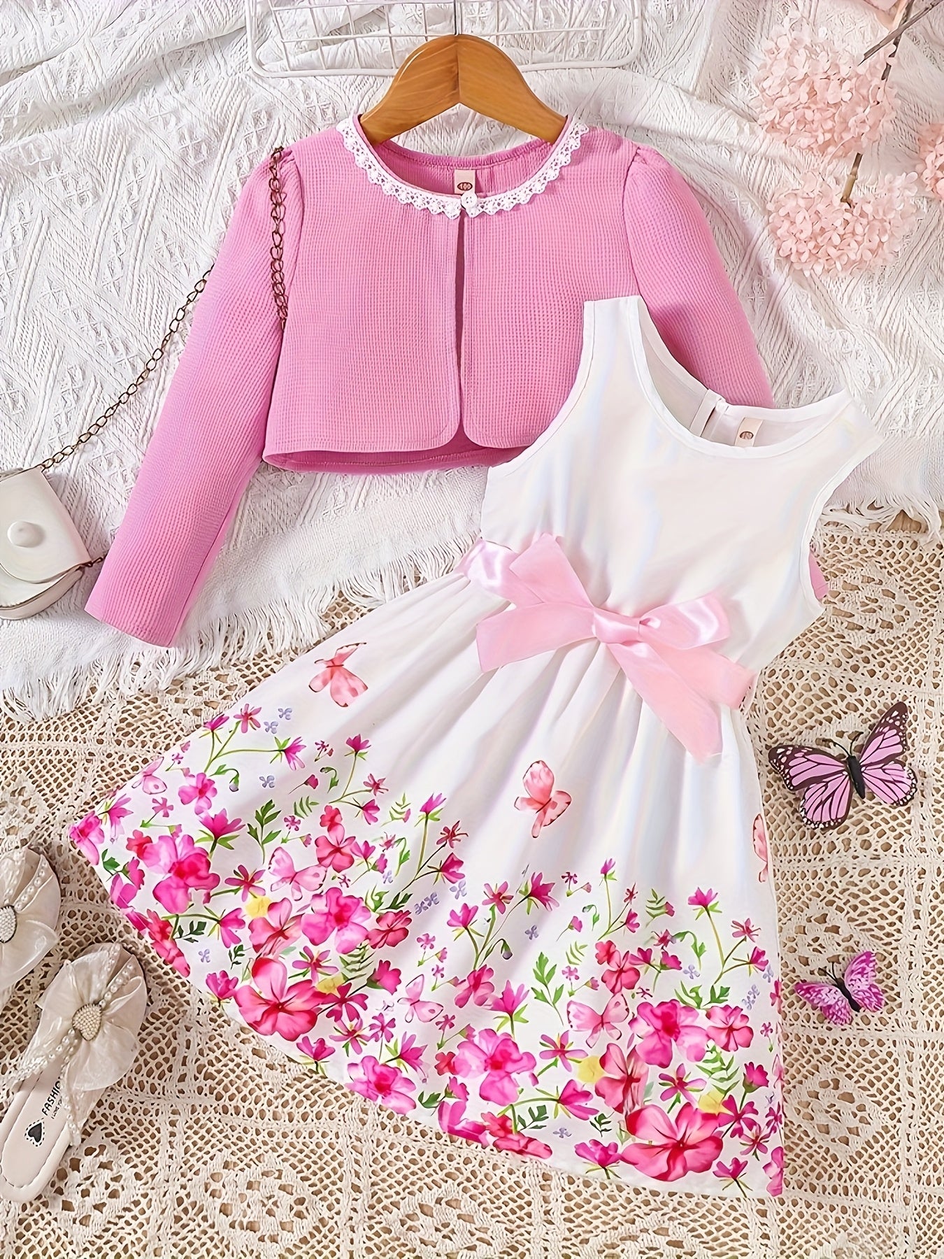 2-Piece Set: Girls' Elegant and Charming Floral Dress