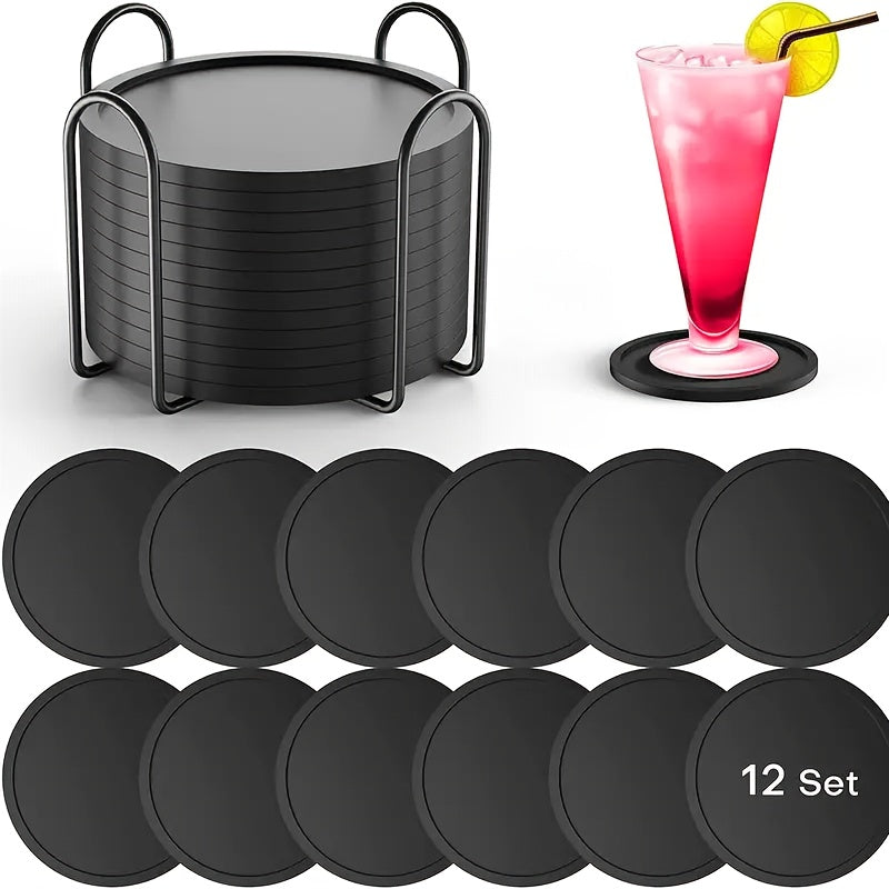 [Space-saving Silicone Coasters] 12pcs Set Space-saving, Non-slip Black Silicone Coasters with Storage Rack - Durable Beverage Mats for Table Protection and Home Decoration