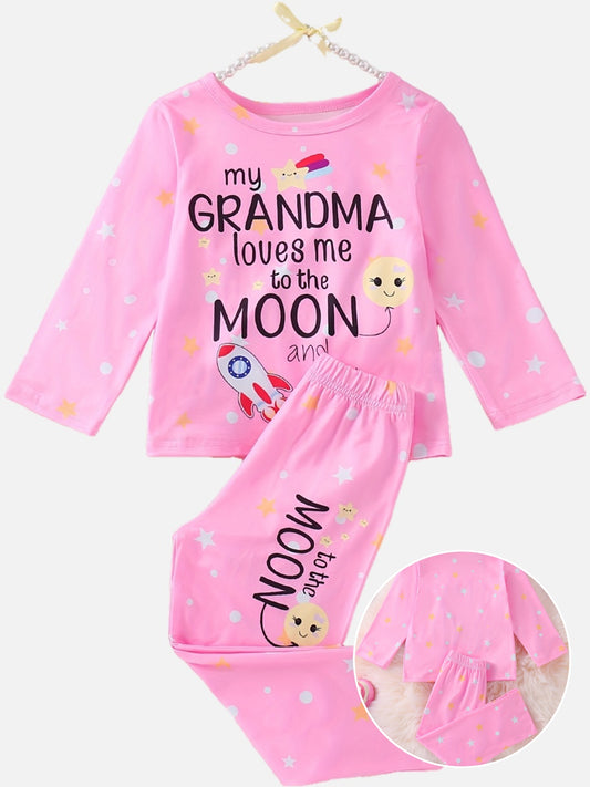 Girls Slogan+Stars Moon Rocket Print Pajama Set