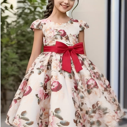 Girls' Elegant Rose Floral Print Party Dress