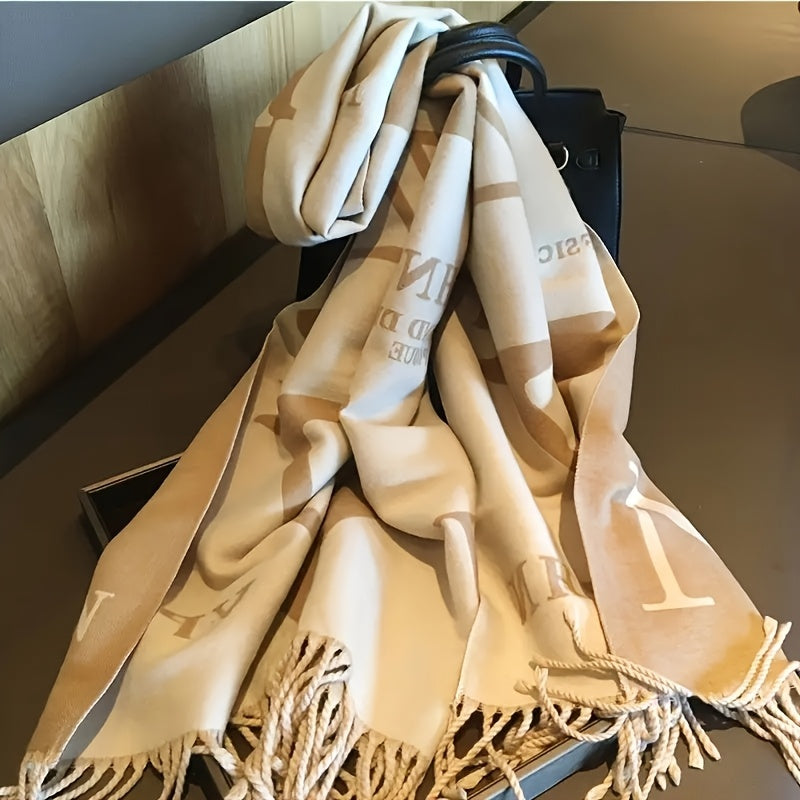 Elegant Reversible Thick Scarf for Women - Warm & Soft Polyester Shawl with Fringe