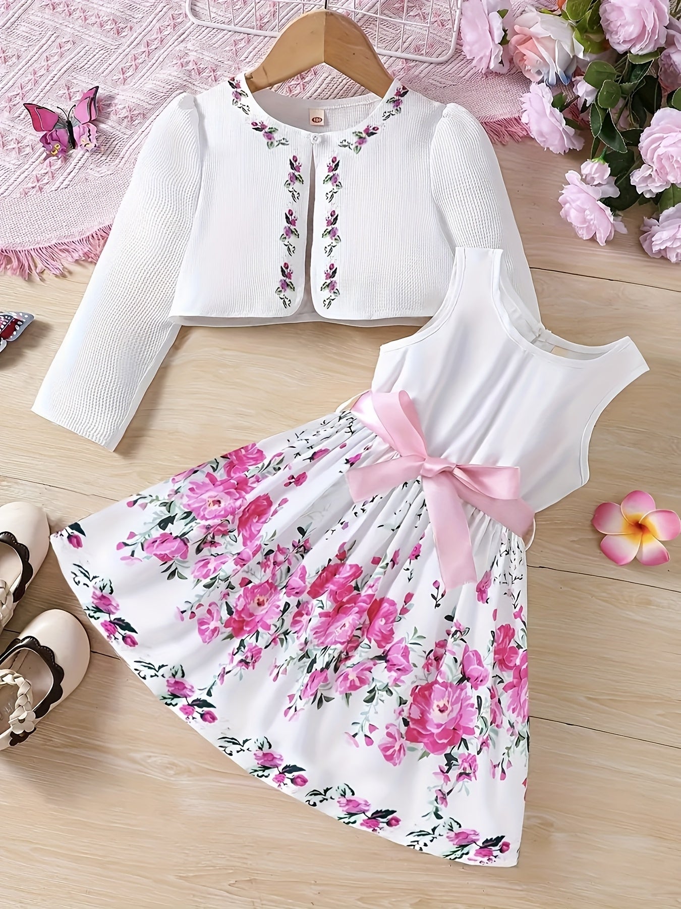 2-Piece Set: Girls' Elegant and Charming Floral Dress