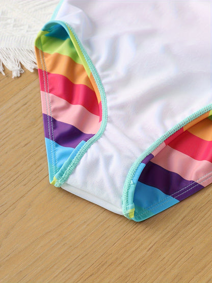 Girls' Quick-Dry One-Piece Swimsuit - Striped Slim-Fit Tight Bodysuit with Asymmetric Neckline