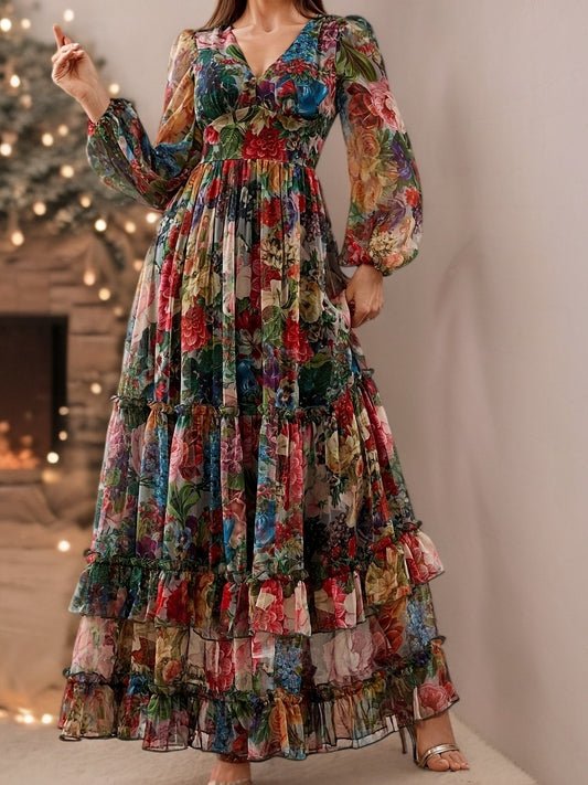 Women's Elegant Maxi Floral Print Chiffon Dress, V-Neck & Puff Sleeves
