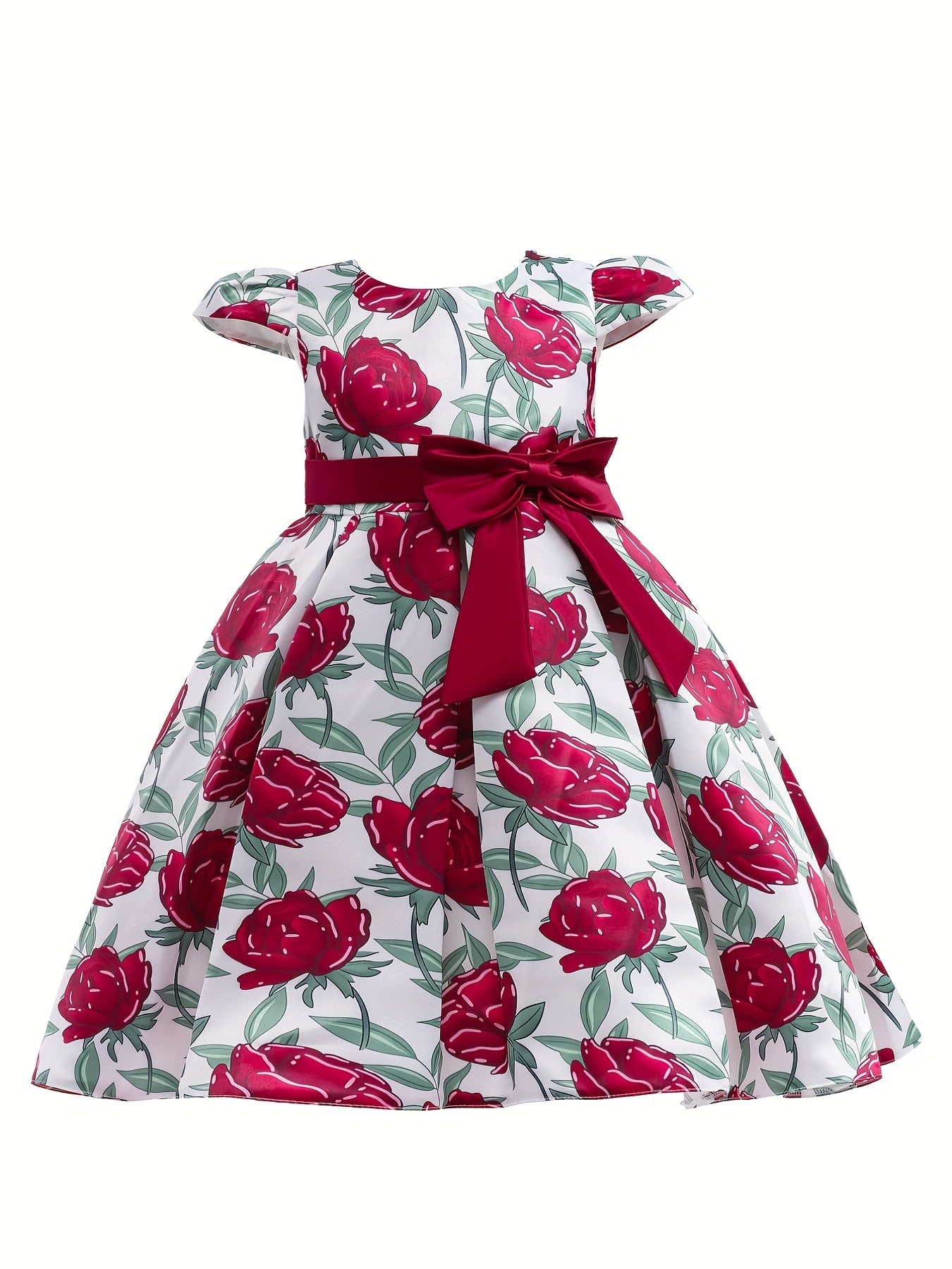 Girls' Elegant Rose Floral Print Party Dress