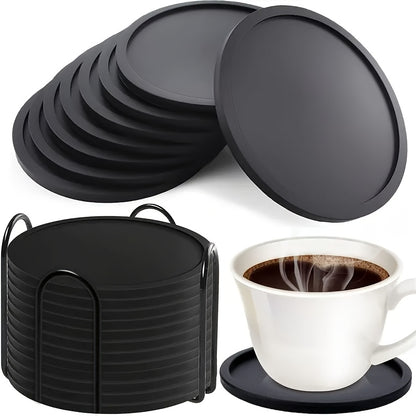 [Space-saving Silicone Coasters] 12pcs Set Space-saving, Non-slip Black Silicone Coasters with Storage Rack - Durable Beverage Mats for Table Protection and Home Decoration