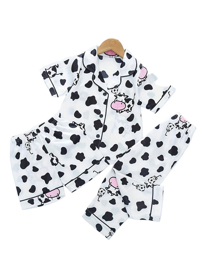 3pcs Girls' Short Sleeve Shirt and Shorts Pajama Set