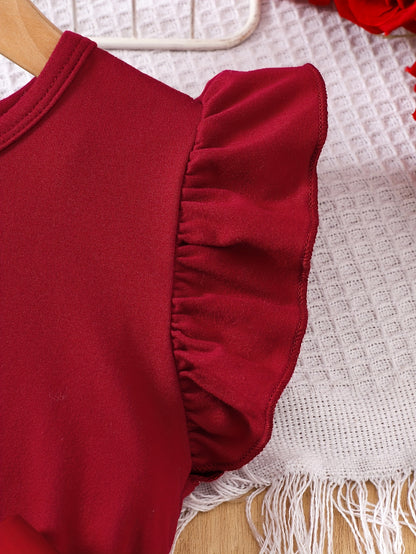 Burgundy Rose Print Flutter Sleeve Summer Girls' Casual Dress