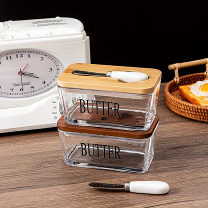 1 Set YumiPLUS Acacia Wood Lid Glass Butter Dish Set