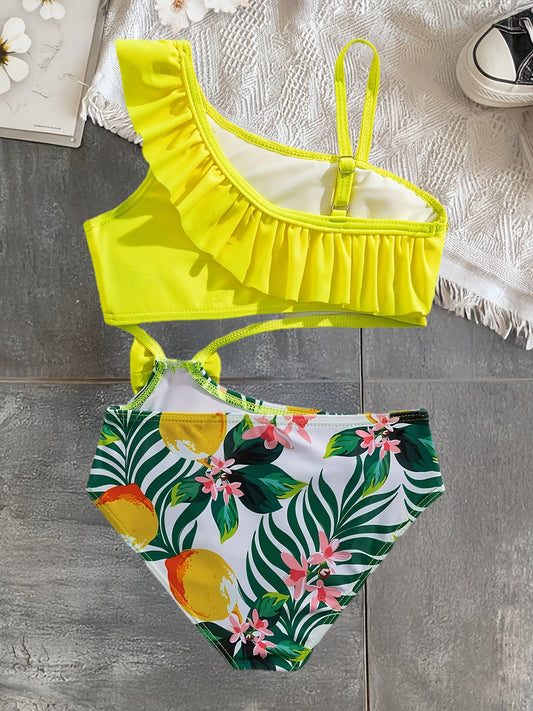 Cute Solid Color Lemon Print Girls' Bow Asymmetrical Shoulder Ruffle Detail One-Piece Swimsuit
