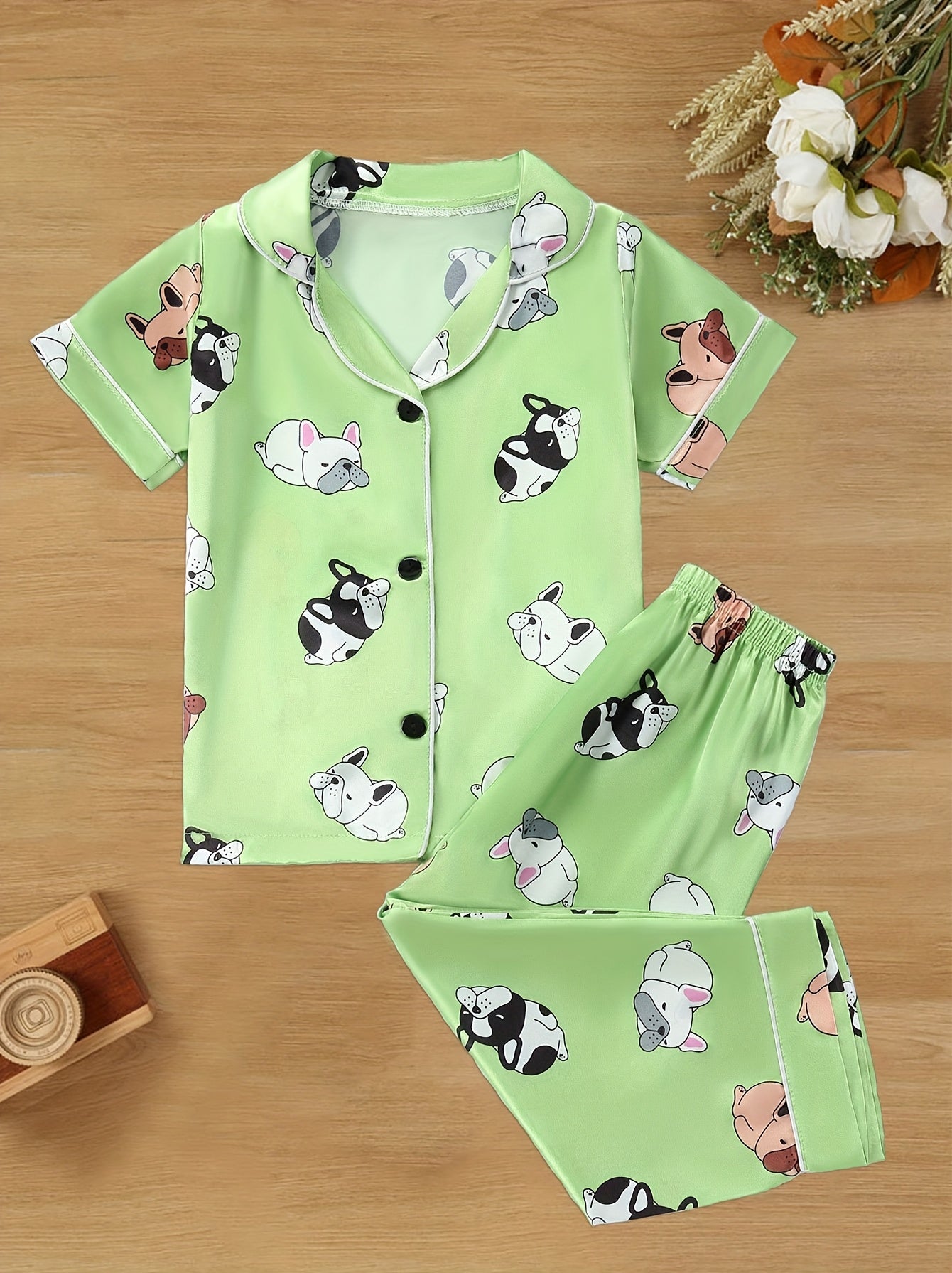 Girls' Cartoon Dog Print Short-Sleeve Set