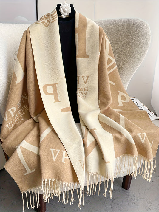 Women's Plus Letter Print Tassel Trim Batwing Sleeve Open Front Shawl Coat