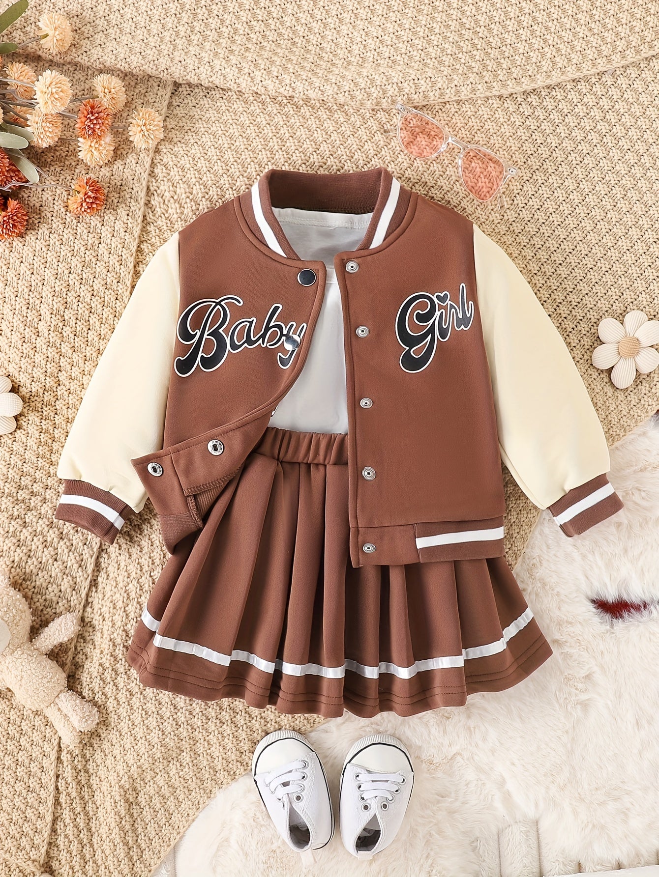 Girls' Baseball Jacket & Preppy Pleated Skirt Set