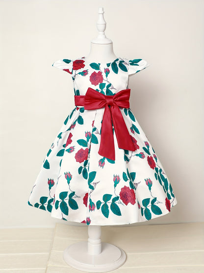 Girls' Elegant Rose Floral Print Party Dress