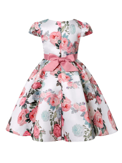 Girls' Elegant Rose Floral Print Party Dress