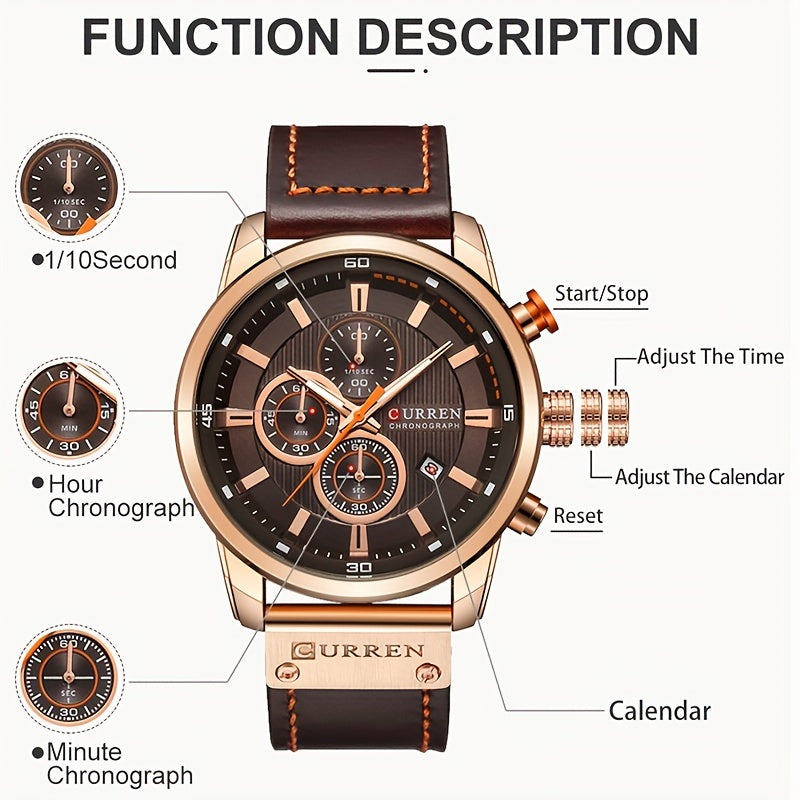 CURREN Men'S Sports with Multifunctional Timer, Faux Leather Strap