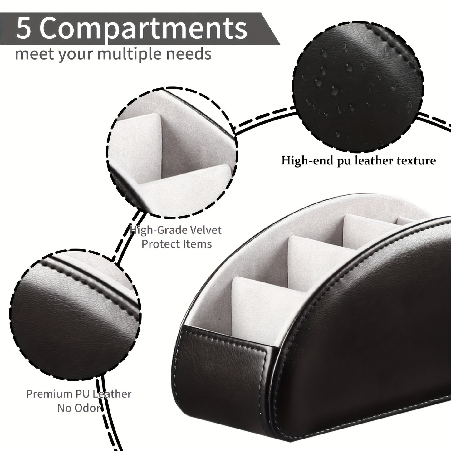 PU Leather Remote Control Holder with 5 Compartments