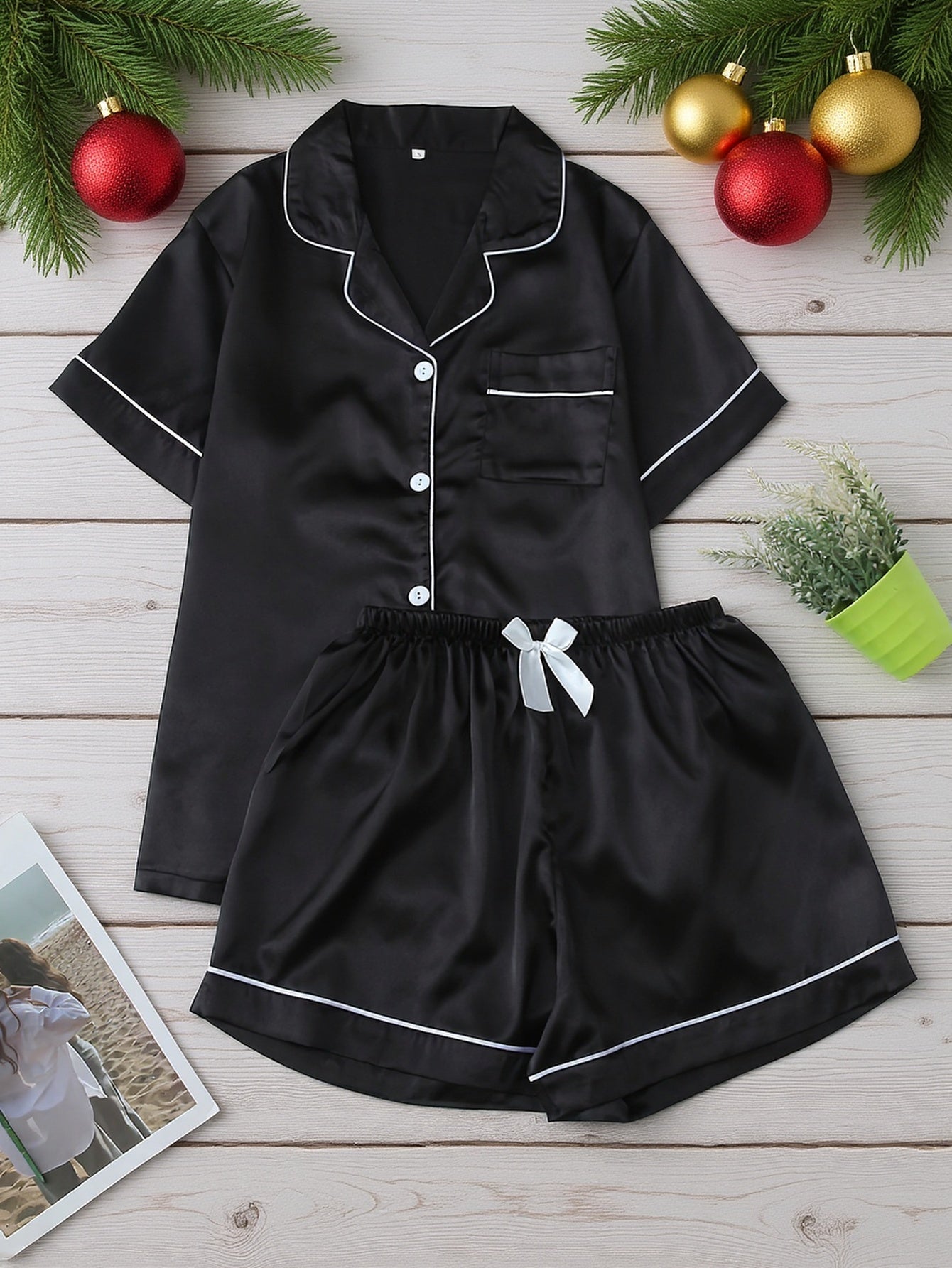 Women'S Plus Size Pink Satin Set with Bow Detail