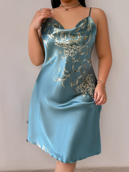 Black & Golden Floral Print Spaghetti Strap Nightgown