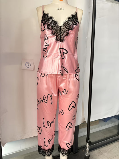 Solid Color Contrast Lace Pajama Set