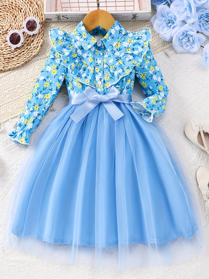 Mint Green Elegant Floral Print Long Sleeve Dress with Belt