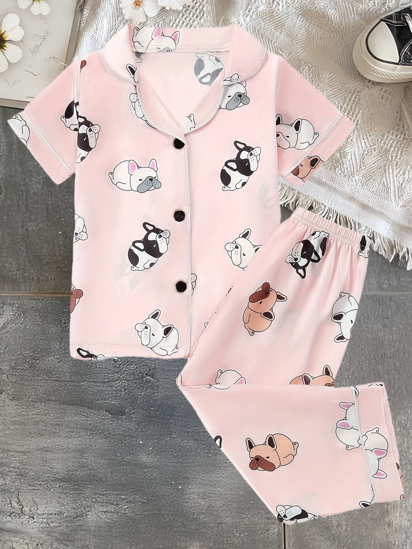 Girls' Cartoon Dog Print Short-Sleeve Set