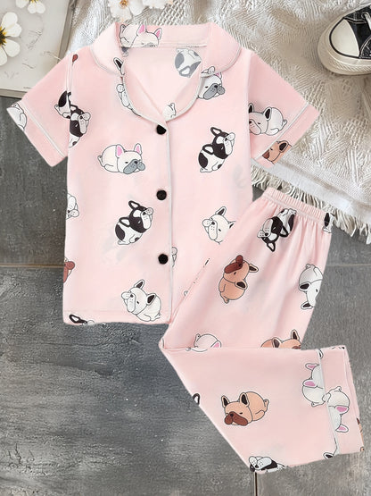 Girls' Cartoon Dog Print Short-Sleeve Set