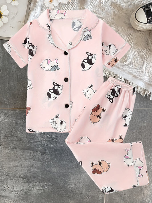 Girls' Cartoon Dog Print Short-Sleeve Set
