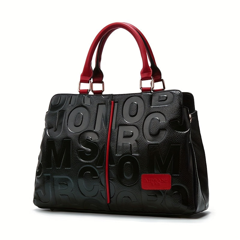 Genuine Leather Shoulder Handbag - Black with Red Accents