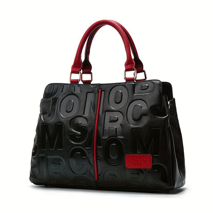 Genuine Leather Shoulder Handbag - Black with Red Accents