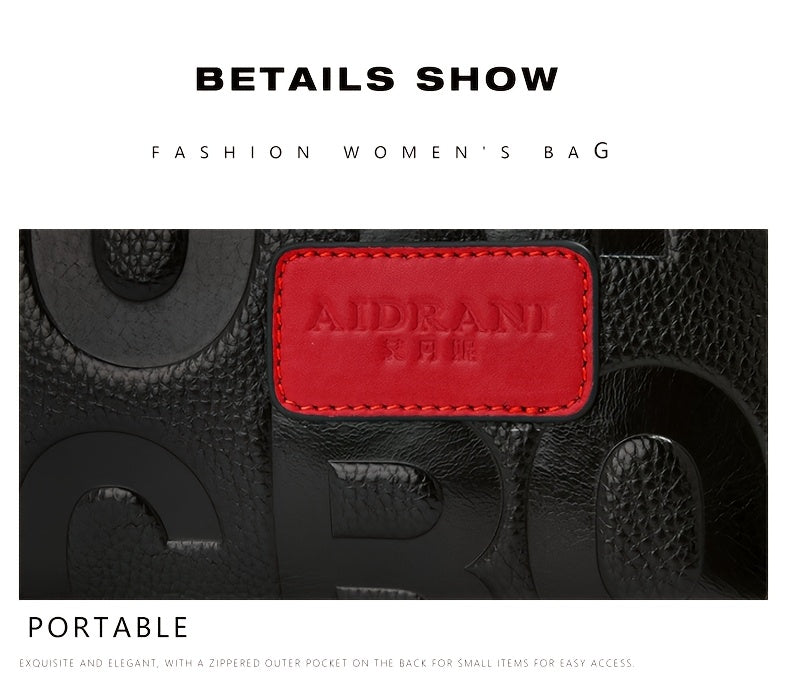 Genuine Leather Shoulder Handbag - Black with Red Accents