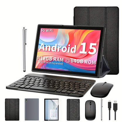 New Android 15, Tablet 12GB (4GB+8GB)+64GB with Keyboard, 10.1 Inches
