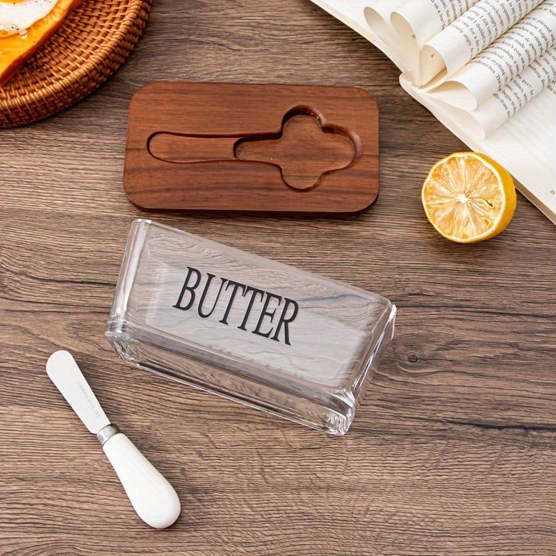 1 Set YumiPLUS Acacia Wood Lid Glass Butter Dish Set