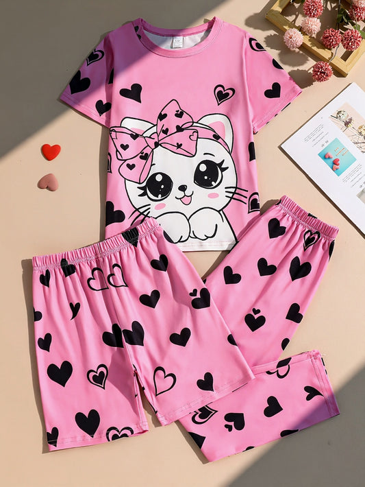 3pcs Sleepwear Set for Girls Featuring a Cat Print