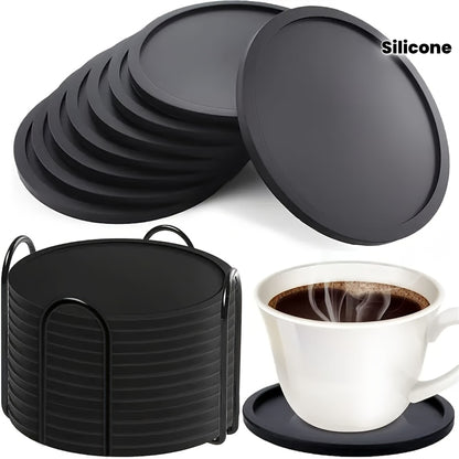 [Space-saving Silicone Coasters] 12pcs Set Space-saving, Non-slip Black Silicone Coasters with Storage Rack - Durable Beverage Mats for Table Protection and Home Decoration