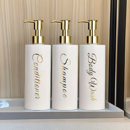 3pcs 500ml Elegant White Dispenser Set with Golden Labels - Plastic