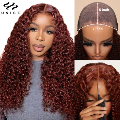 UNice Hair Reddish Brown Curly Wig With Invisi Drawstring 7x5 Lace Pre Cut Pre Bleached Glueless Wig Human Hair 150% Density