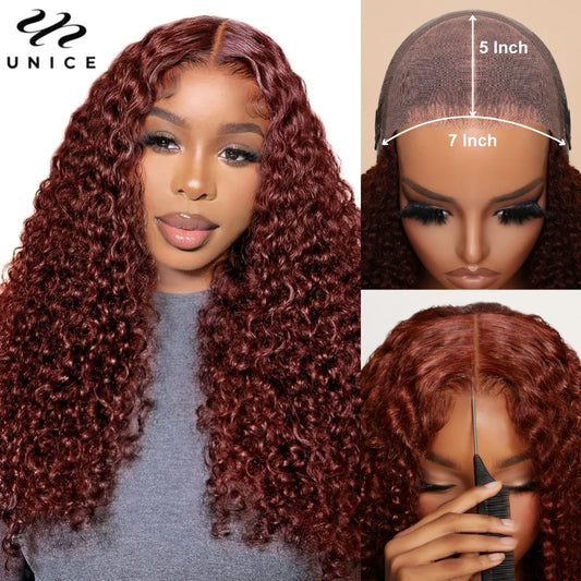 UNice Hair Reddish Brown Curly Wig With Invisi Drawstring 7x5 Lace Pre Cut Pre Bleached Glueless Wig Human Hair 150% Density