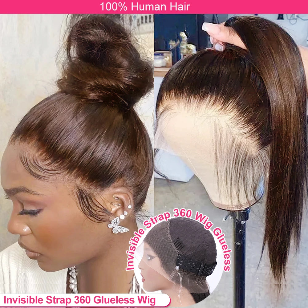 Hidden Invisible Strap 360 Full Hd Lace Glueless Wig Straight Chocolate Brown 30 Inch Lace Front Wigs Human Hair 360 Frontal Wig