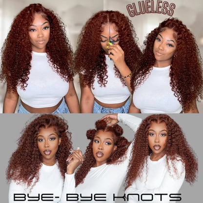 UNice Hair Reddish Brown Curly Wig With Invisi Drawstring 7x5 Lace Pre Cut Pre Bleached Glueless Wig Human Hair 150% Density
