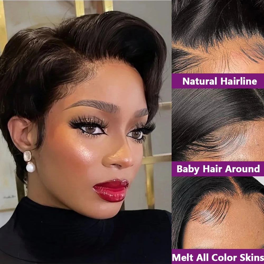 13x4 HD Lace Front Wigs Short Bob Wig Pixie Cut 100% Human Hair Natural Black Brazilian Straight