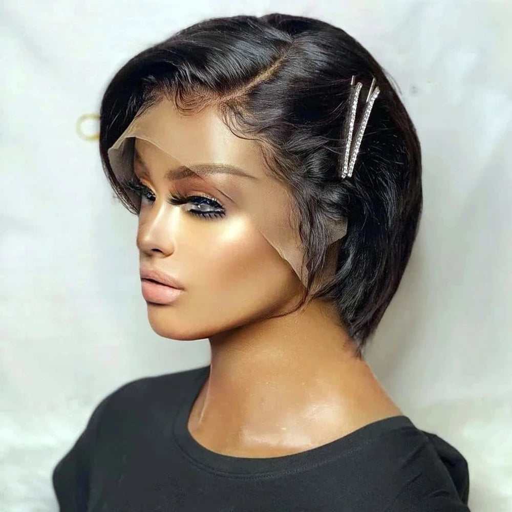 13x4 HD Lace Front Wigs Short Bob Wig Pixie Cut 100% Human Hair Natural Black Brazilian Straight
